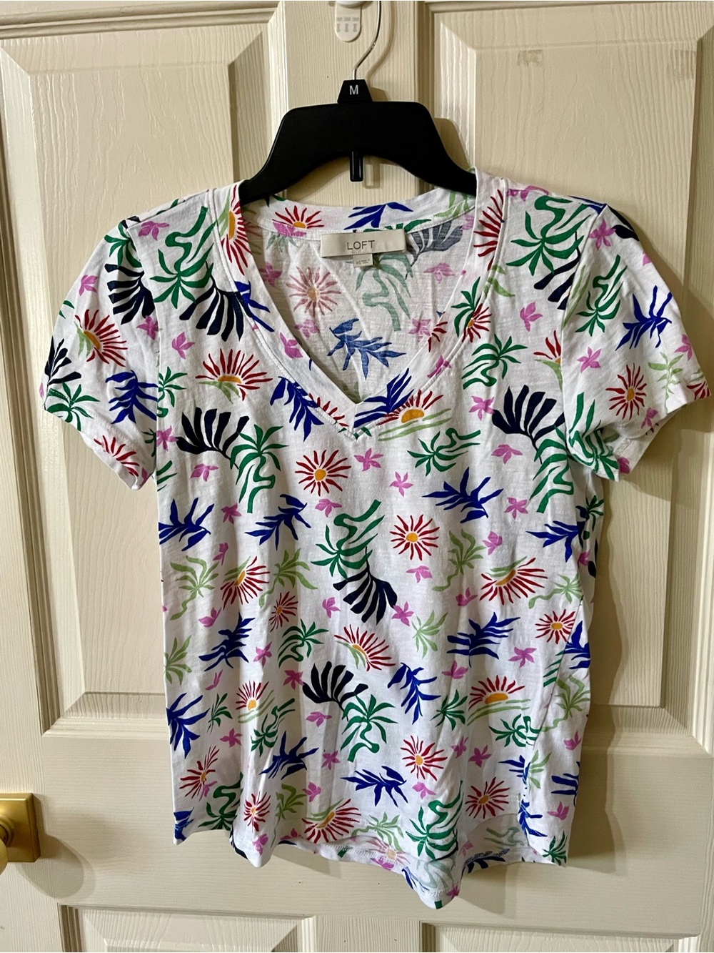 LOFT White V-Neck Tee with Multicolor Tropical Print